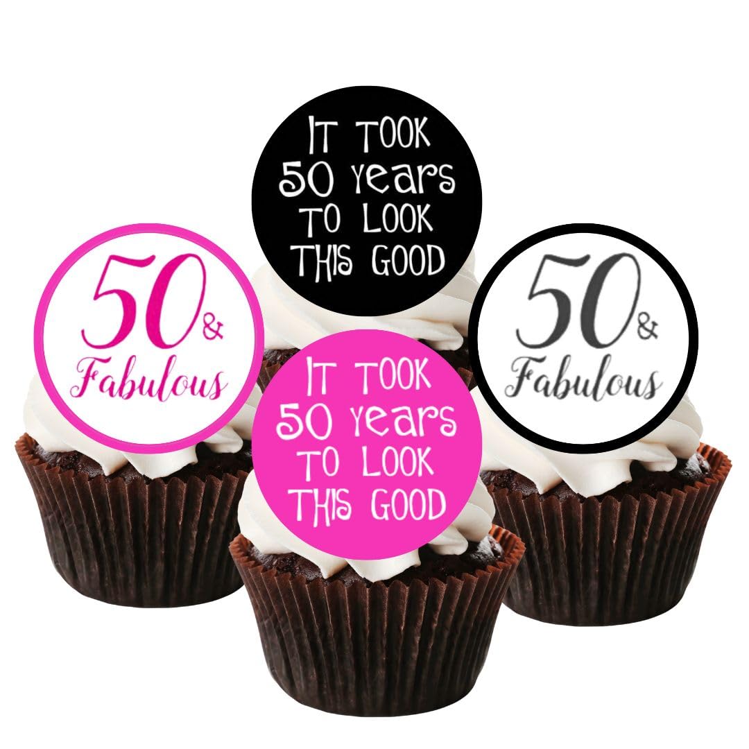 50th Birthday Edible Cupcake Toppers, Pink 50 & Fabulous Cake Decorations - 24 x 1.5 Inch 4cm Uncut
