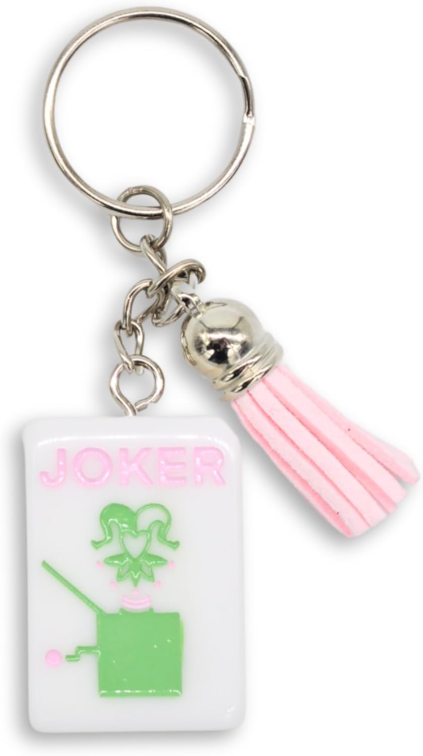 American Mahjong Tile Keychain, Cute Pink and Green Joker Design with Tassel, 1.5 x 1 inches, Mahjong Accessories, Gifts, and Prizes