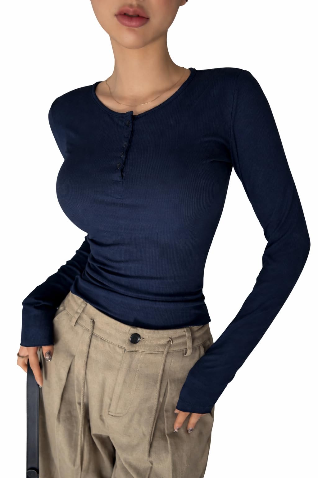 jc jummy couture Cotton Solid Henley Neck Full Sleevess Crop Top for Women | Regular Fit Ribbed Top | Casual Summer Wear for Girls & Woman | Trendy Crop Tops-picture-11