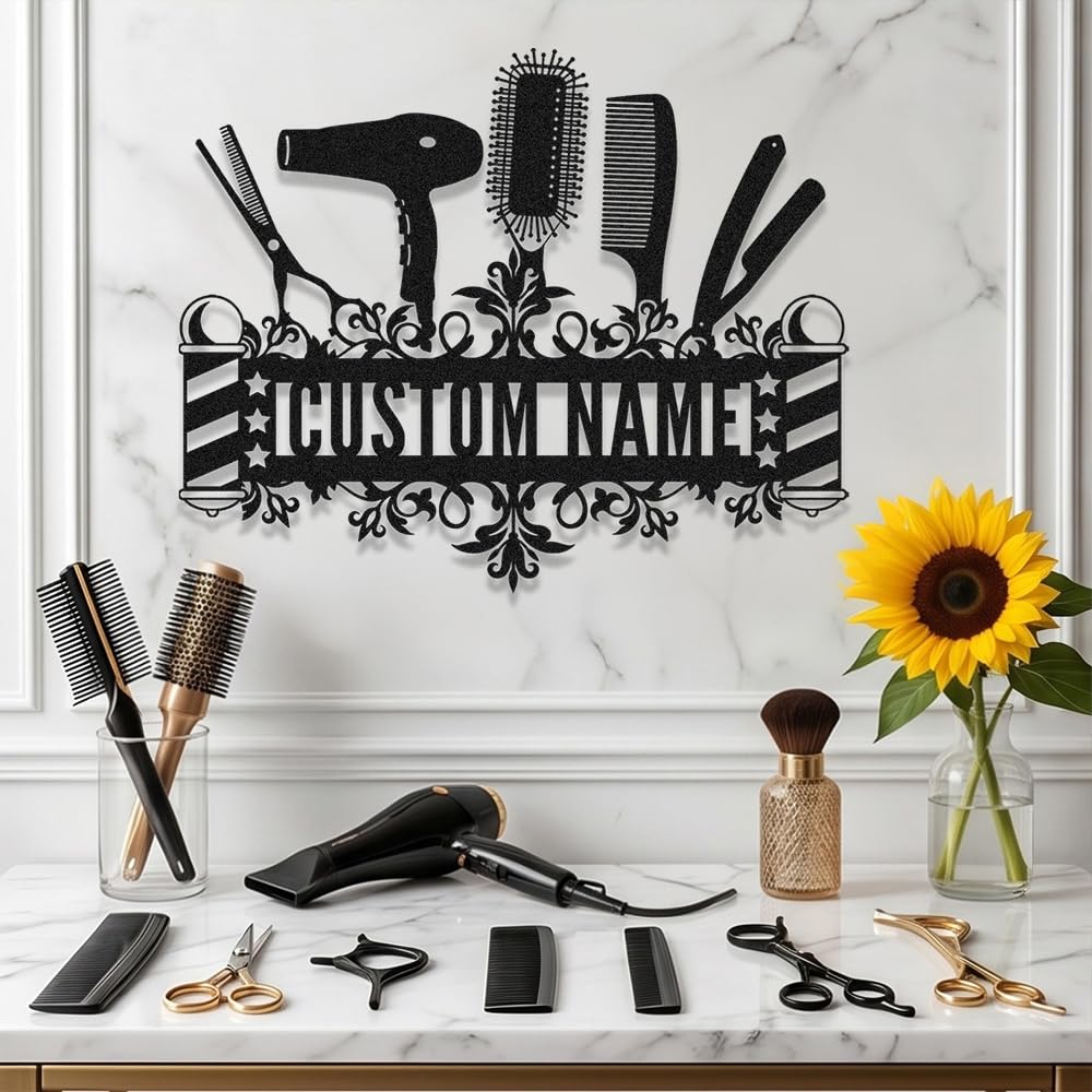 Custom Barbershop Metal Sign Wall Art,Personalized Hair Stylist Name Signs Decor For Beauty Center Wall Hanging,Customized Stylish Barber Shop Welcome Plaques for Hairdressers Gifts 8 to 24 Inches