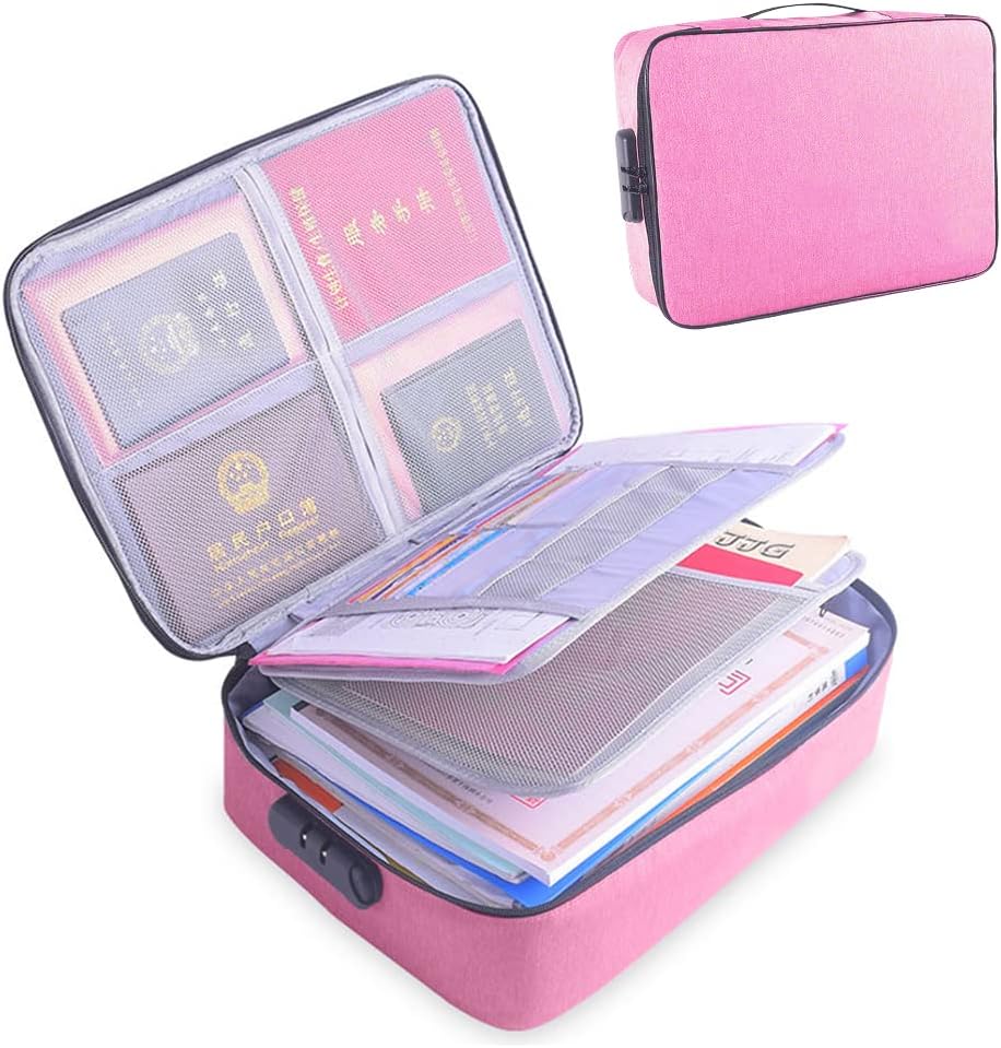 Document Organizer Bag with Code Lock,Watertight 3-Layer File Storage Case,Portable Home Office Travel Important Document Safe for Tablet,Passport,Legal Files,Valuables(Pink)