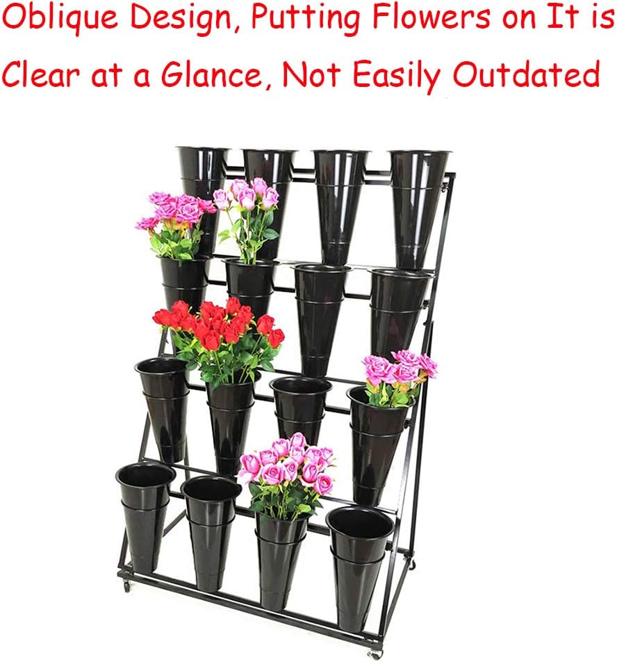 4 Layers Wrought Iron Florist Shelf, Large Plant Stand 16 Flower Bucket Display Stand Apply To Balcony Garden Flower Shop Easy To Install (Black)
