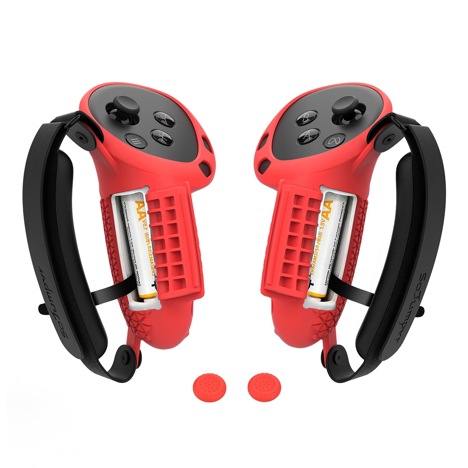Ulepszona osłona uchwytu kontrolera kompatybilna z akcesoriami Meta/Oculus Quest 3, silikonowy ochraniacz na rękę z pokrywą otwierającą baterię i paskami na kostki z gąbką (czerwony)