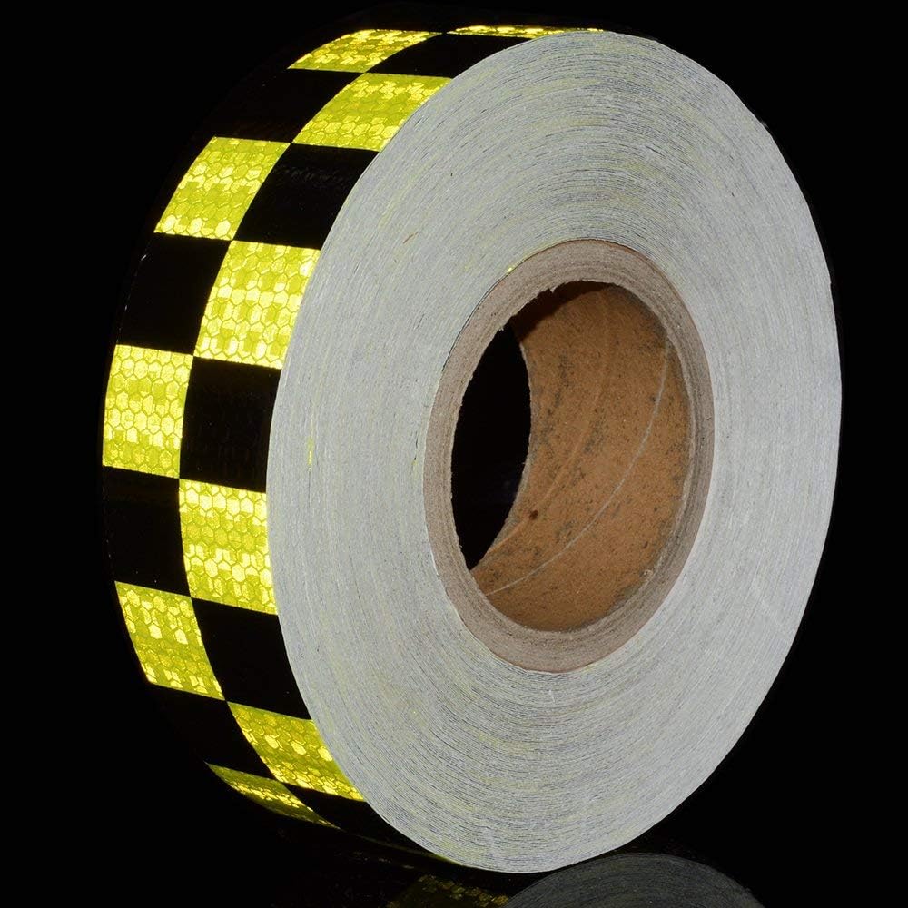 Reflective Safety Tape 2"x 82ft Yellow Black Night Warning Caution Adhesive Conspicuity Checker Marking Decal Sticker Roll Film Truck RV Trailer Boat ATV Lengths Optional (5CM x 25M)