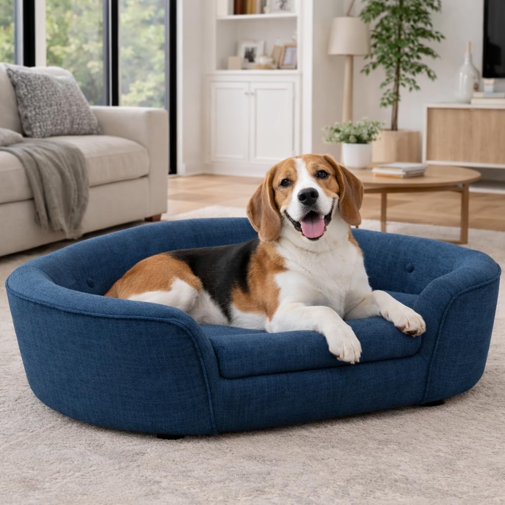 Oval Semi-Enclosed Dog Sofa Couch Bed, Durable Linen Material & Button-Tufted Backrest & High-Center Low-Sides Support, Cloud Pet Sofa Bed for Medium & Large Dogs (Blue)