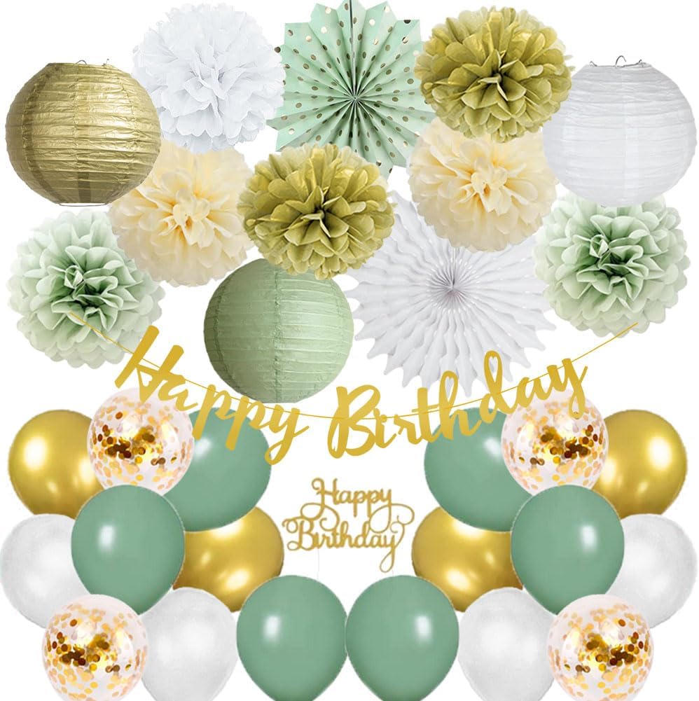 Sage Green Birthday Decorations for Women Paper Fans