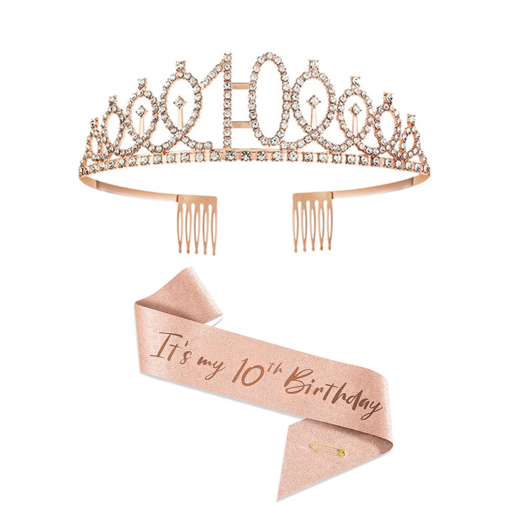 Fascia e corona per 10° compleanno, in oro rosa, diadema per bambine di