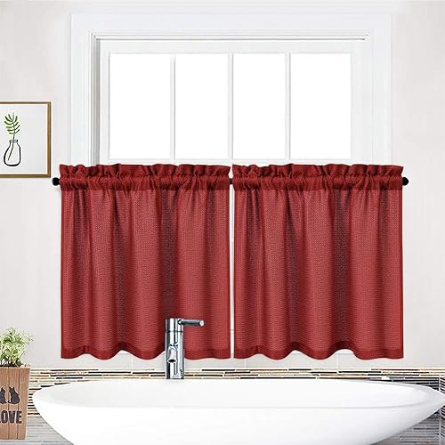 Cortinas cortas, tela con textura de waffle, impermeables, para cubrir ventanas en baños, cocina, cafetería, Tela, Burgundy