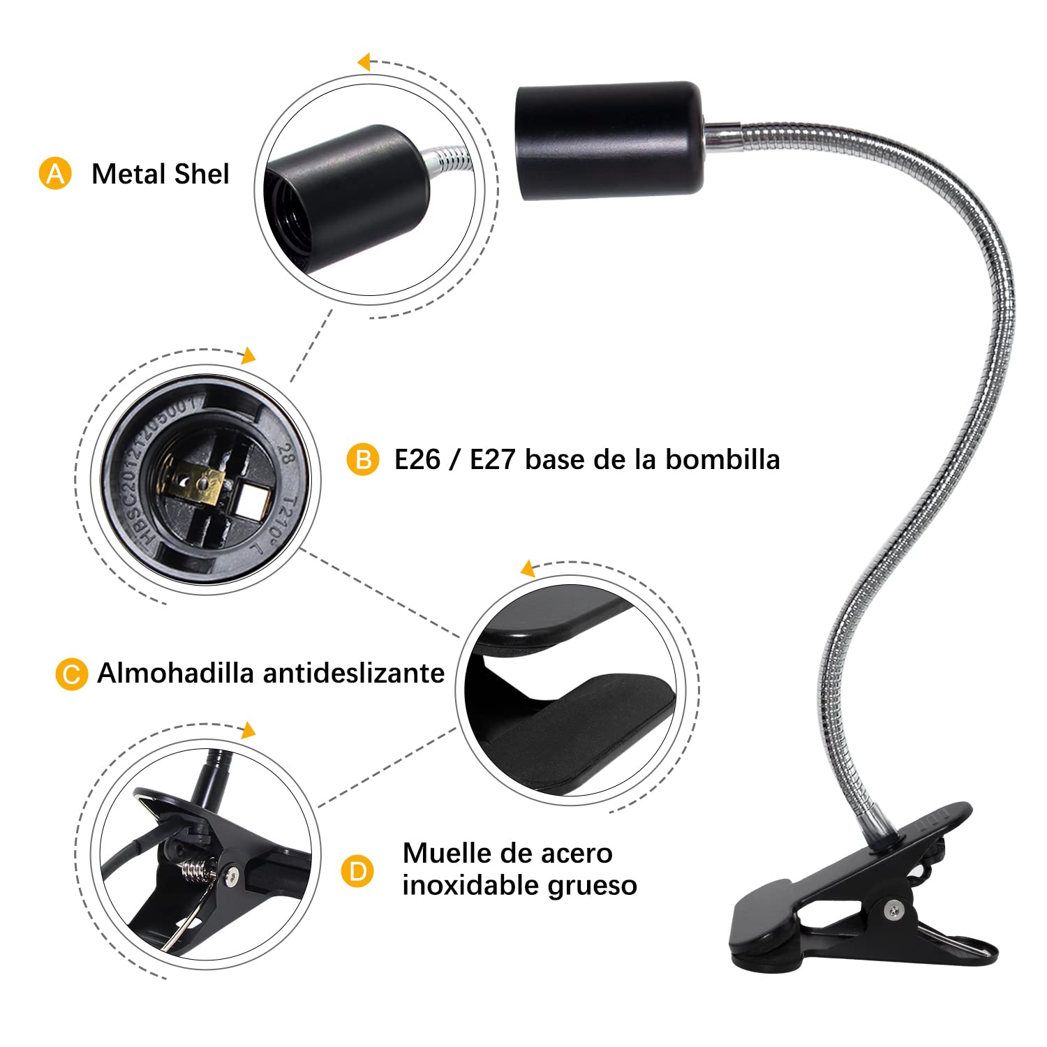 Lámpara Con Pinza LAKONEI - Portalámparas E27 De Cuello De Cisne 360°, Flexible, Con Interruptor Y Enchufe UE (Blanco, Bombilla No Incluida)