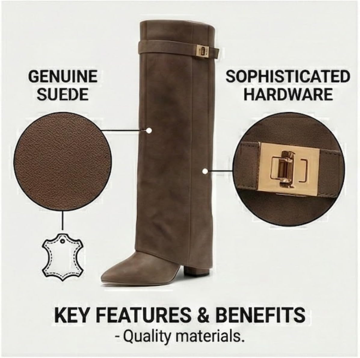 Women's Knee High Boots Leather Fold Over Pointed Toe Gold Buckle Stacked Heel Dress Casual Slouchy Mid Calf Booties