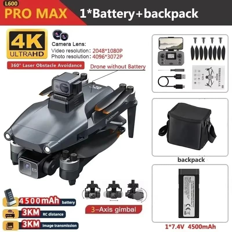 L600 Pro MAX drone, remote control, battery, propellers, and backpack