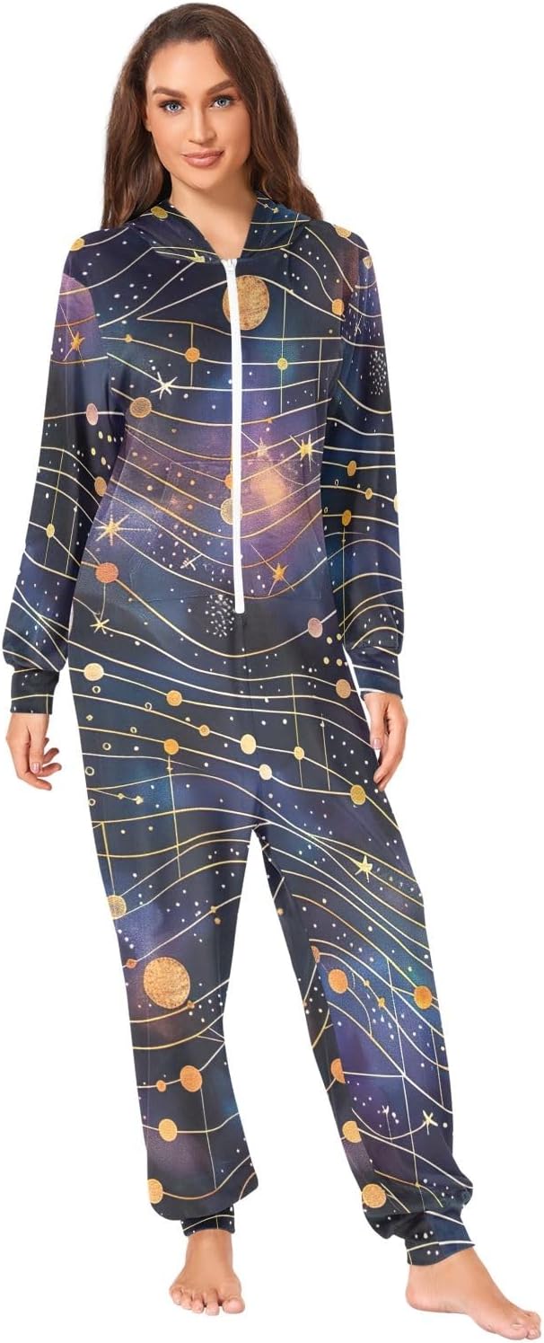 Galaxy Planet Purple Adult Onesie Pajamas, Soft Plush Hooded One Piece Sleepwear for Men Women Christmas Loungewear