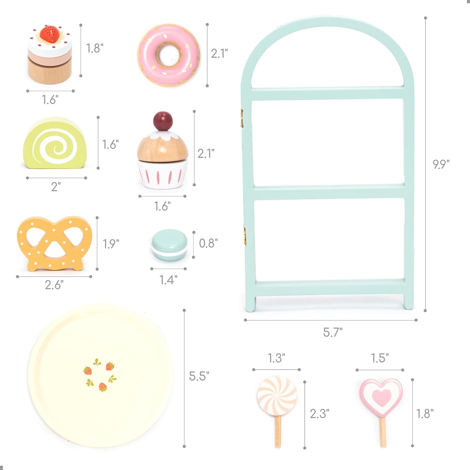 UMU® Wooden Dessert Playset – Pretend Play Kitchen Toy with Stand, Cupcakes, Donuts, Macarons, Candy & More – Wooden Play Food Set for Kids Ages 3 4 5 6
