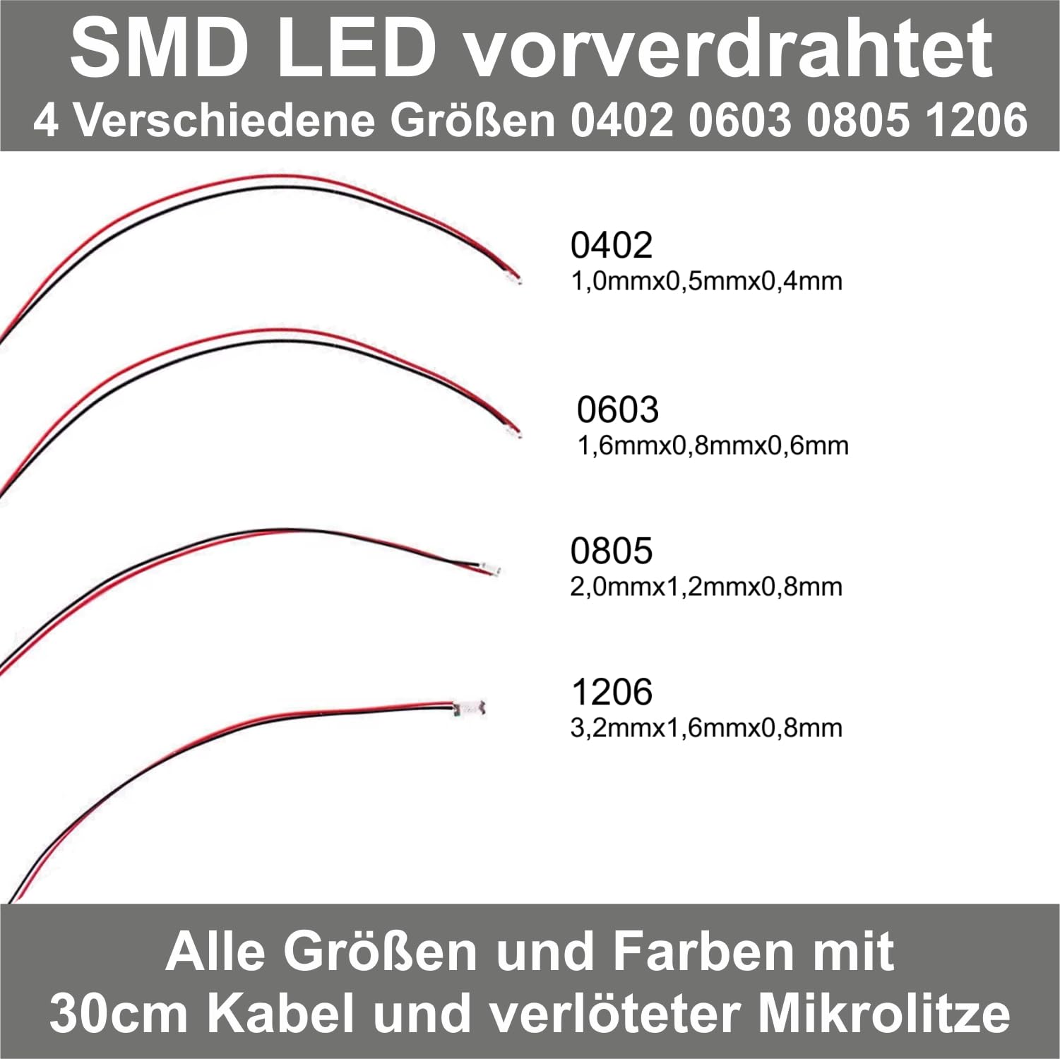 Overdrive-Racing SMD LED 2,8v-3,4v - 0402 0603 0805 1206 - mit Kabel 30cm Mikrolitze Verlötet Verkabelt - Modellbau Beleuchtung, SMD Farbe:0805 Rot blinkend, SMD Menge:100 Stück
