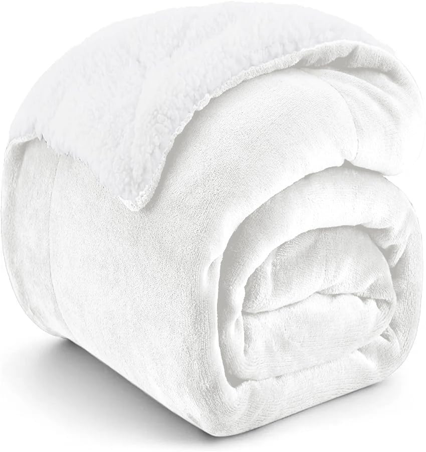 UYEESE Sherpa Fleece Throw Blanket Ivory - Double/Twin Size 60" x 80"(152cm x 203cm) Warm Reversible Blanket for Bed and Couch