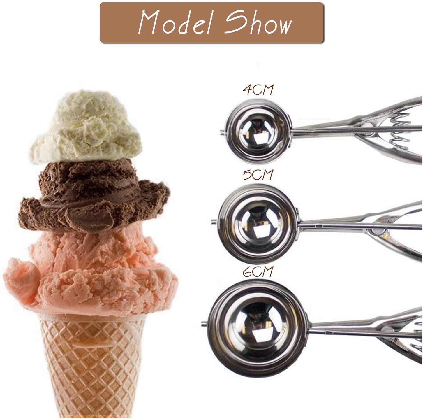 Porzionatori da Gelato in Acciaio Inox 3 Pezzi 4/5/6 cm per Gelato Torte Polpette