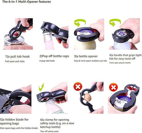 6 In 1 Multi Function Can Opener Bottle， Multi Kitchen Tool For Jelly Jars, Wine, Beer And Other, Bottle Opener To Protect The Nail Use For Children, Elderly And Arthritis Sufferers. #TOP3
