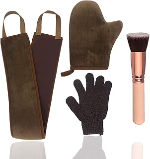 4 Pack Self Tanning Mitt Applicator Kit, with Self Tanner Mitt, Self Tan Back Applicator, Exfoliating Glove, Flat Top Face Tanner Brush, Tan mit for Self Sunless Tanner (brown)