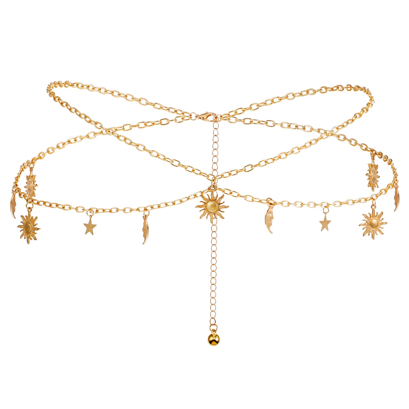 JIEYAO Double Layer Metal Waist Chain Adjustable Women Waist Link Belt Multilayer Skinny Chain Waistband Sun and Moon