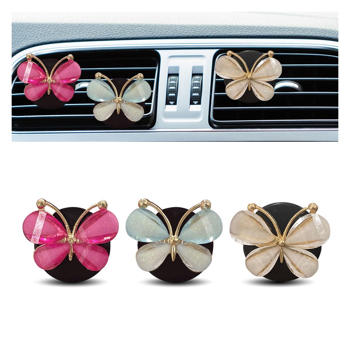 3PCS Cute Butterfly Car Air Vent Clips, Car Diffuser Vent Clips, Butterfly Air Freshener Clips, Car Decoration Charm Clips, Car Interior Accessories for Girls Women