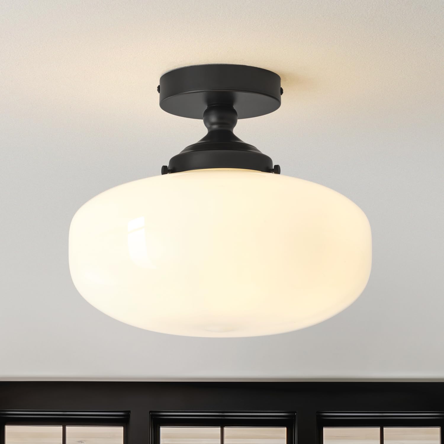 Photo 1 of YALEBEAM Schoolhouse Semi Flush Mount Ceiling Light Fixture, 12In Modern Black Ceiling Lamp with Milk Oblate Glass Shade for Bedroom Kitchen Hallway Entryway Laundry