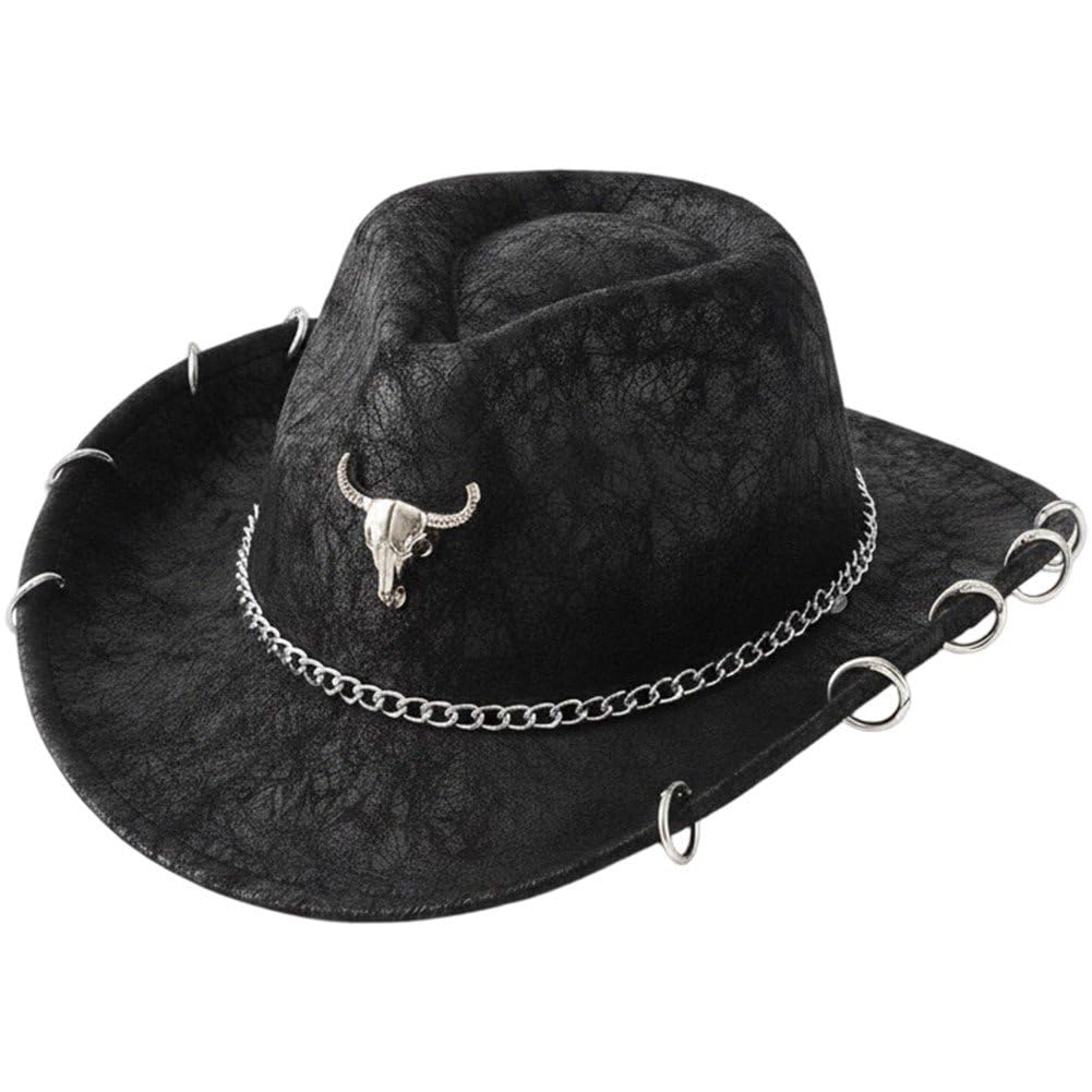 Sslvya Western Cowboy Hat with Bull Head Chain, Retro Sun Protection Hat Unisex Cowgirl Hat for Outdoor Party Activities