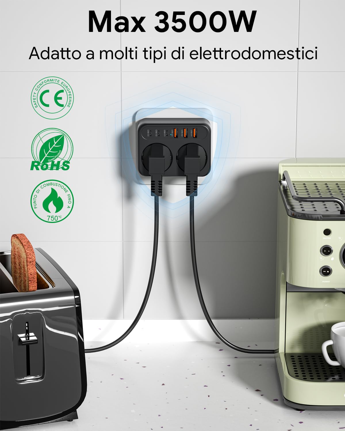 WENTONG Presa Multipla USB con 2 Schuko, Multipresa da Parete con 6 USB 5V/3.4A, 3500W Presa Piatta Salvaspazio 15A, per Ufficio, Famiglia, Cucina e Viaggio