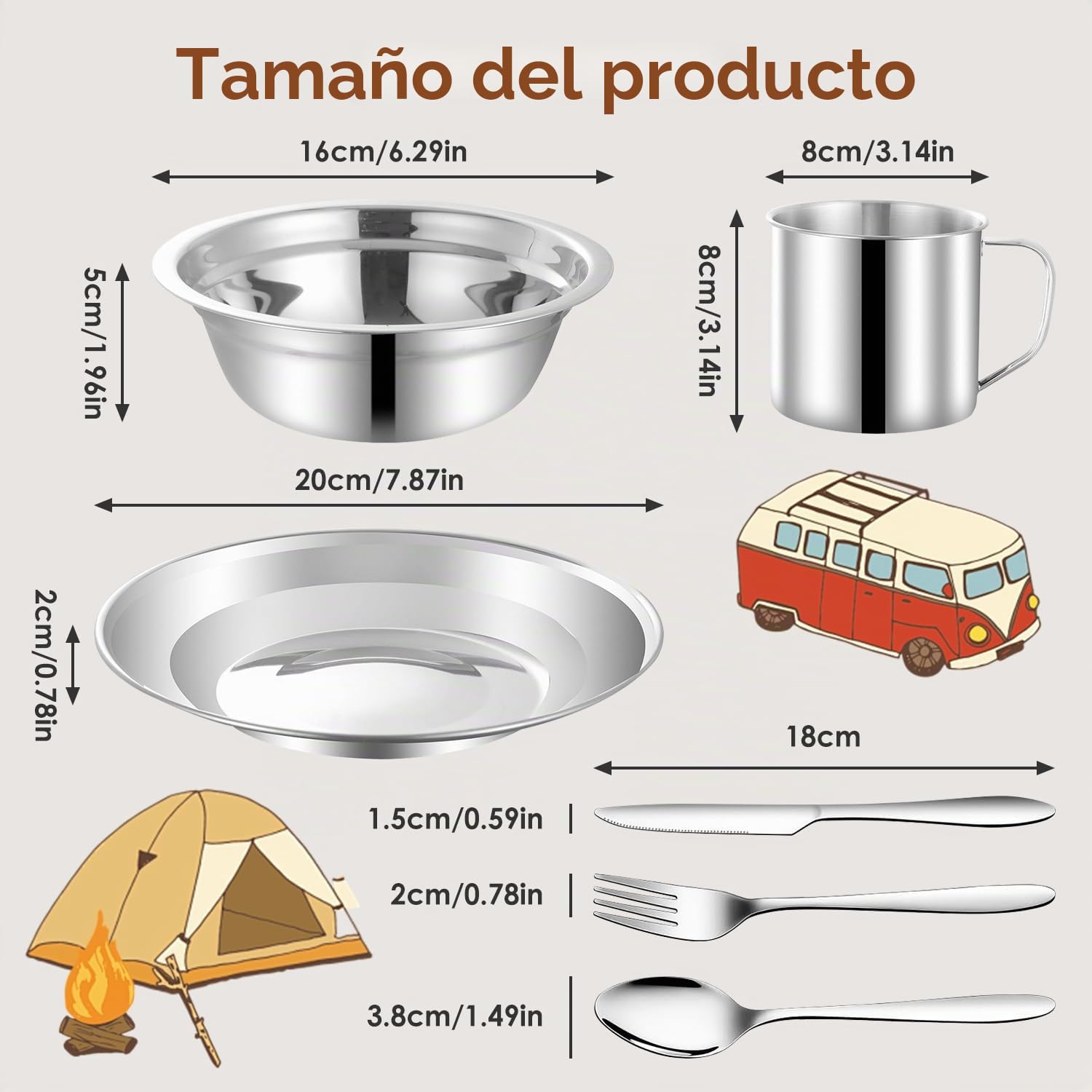 Tisssting Vajilla de Acero Inoxidable Juego de 24 Utensilios Cocina de Camping para 4 Personas, Juego de Platos de Camping con Platos Tazas Cucharas Tenedores, Utensilios de Cubiertos al Aire Libre