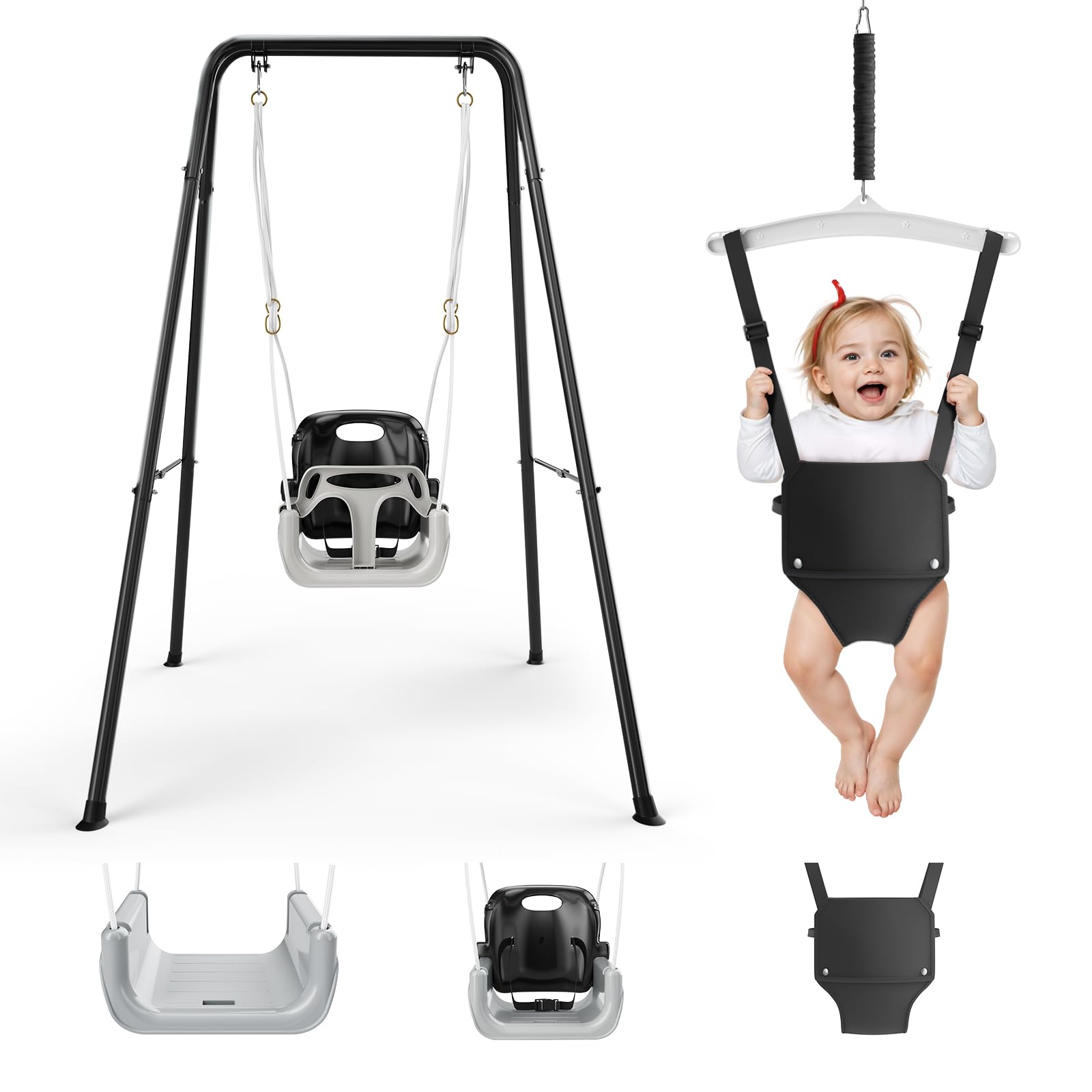 4-in-1 Schaukeln & Türhopser Set für Kleinkinder, faltbarer Metallständer, einfach zu montieren und aufzubewahren (Schwarz)