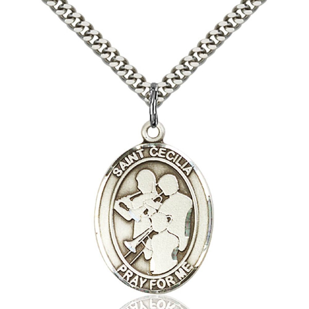 Bonyak Jewelry Saint Medal Collection Sterling Silver St. Cecilia/Marching Band Pendan 1 x 3/4 inches with Heavy Curb Chain