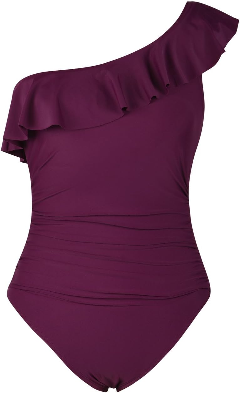 HilorWomen's One Piece Swimsuits One Shoulder Swimwear Asymmetric Ruffle Monokinis Bathing Suits Burgundy 14