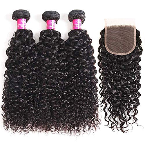 9A Brazilian Curly Hair with Closure Unprocessed Brazilian Virgin Hair 3 Bundles with 4×4 Free Part Closure Natural Black Human Hair Bundles With Closure(16 18 20+14"Closure)