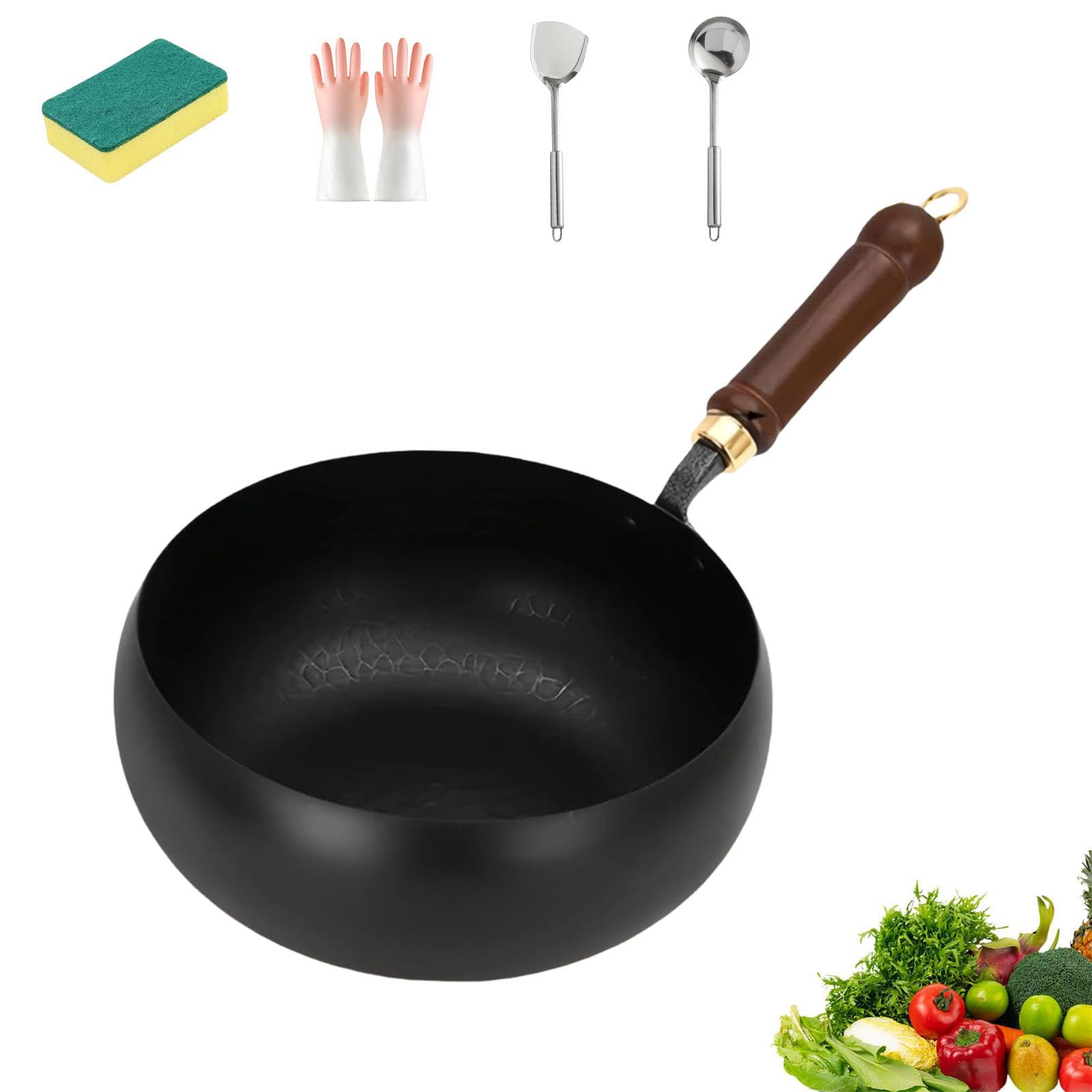 Generico Padella in ferro giapponese, Padella in ferro forgiato, 20/24/26/28/30 cm in ferros ad alta purezza, senza rivestimento con coperchios in legno/coperchio in vetro (Senza coperchio, 26CM)
