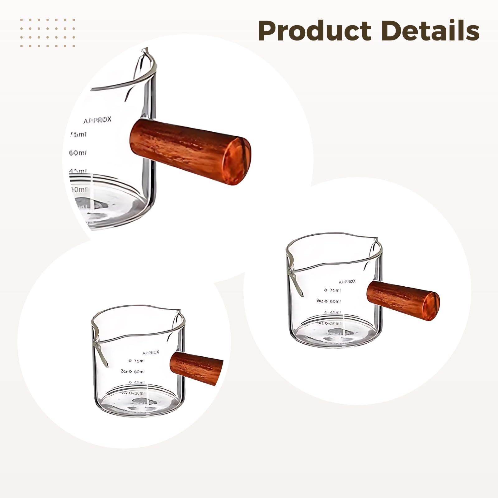 4 Stk. Glas-Espresso-Extraktionsbecher mit Skala, Doppelausguss, Mini-Milchkännchen mit Holzgriff, Borosilikatglas, für präzises Ausgießen, geeignet für Espresso-Liebhaber und Home-Baristas