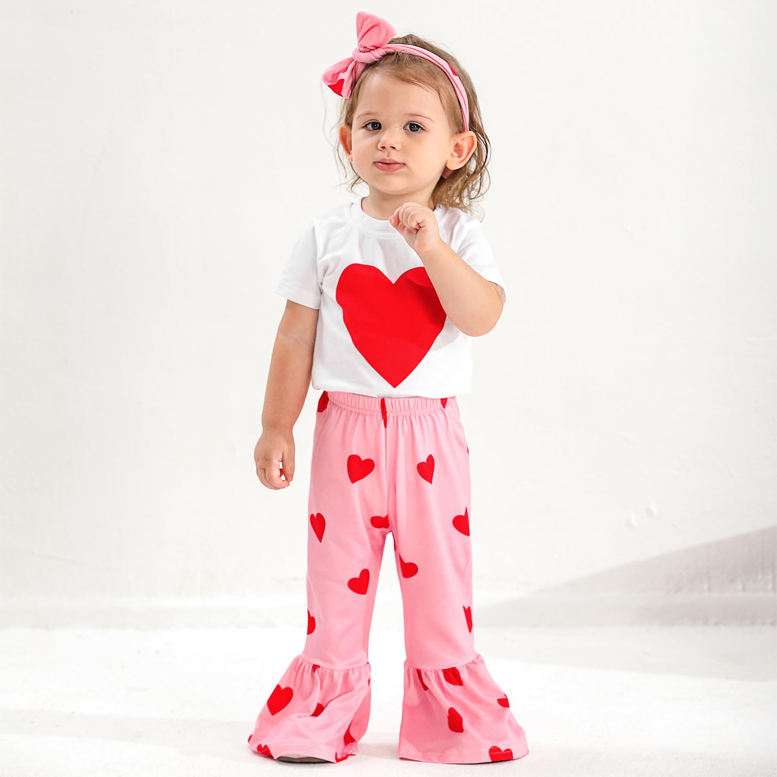 Ninobebe Toddler Girl Valentines Outfit Love Heart T-Shirt Bell Bottom Pants Headband 3Pcs Summer Clothes Set 5-6T