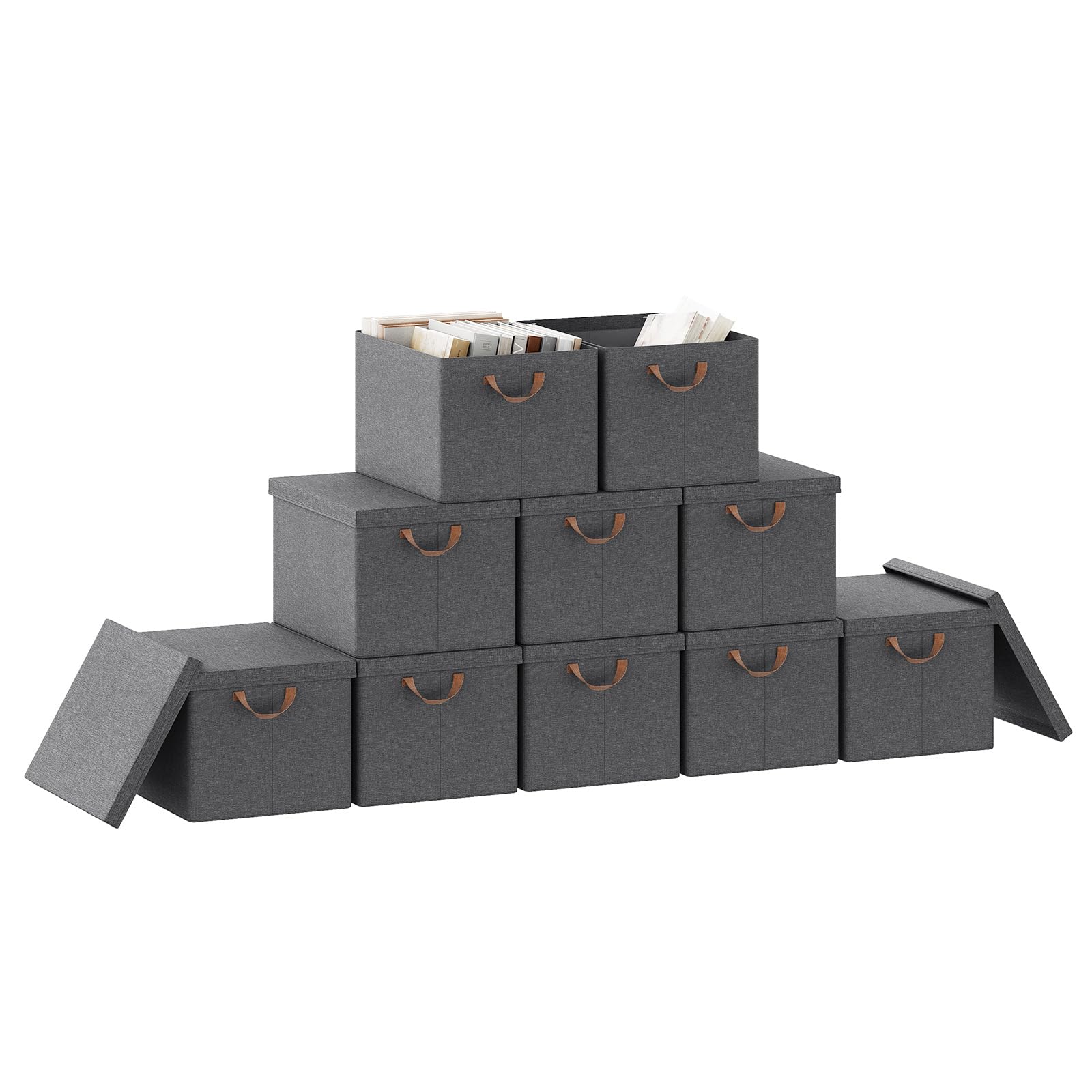 WOLTU Faltbare Aufbewahrungsboxen 10 Stück, mit Deckel, Grau, 48x36x30cm | aus Polyesterstoff, für Schlafzimmer, Arbeitszimmer, Wohnzimmer, Organizer Box mit Griffen, faltbar,