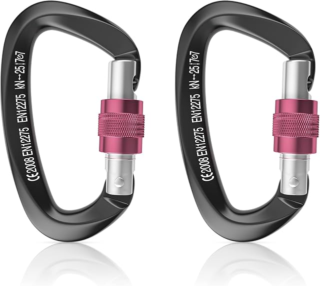 Swavva 2pcs Climbing Carabiner 25KN, Heavy Duty Aluminum D-Shaped Safety Locking Carabiner for Camping, Mountaineering, Hiking, Rescue, Fishing, Rappelling, Hammock (Black), L