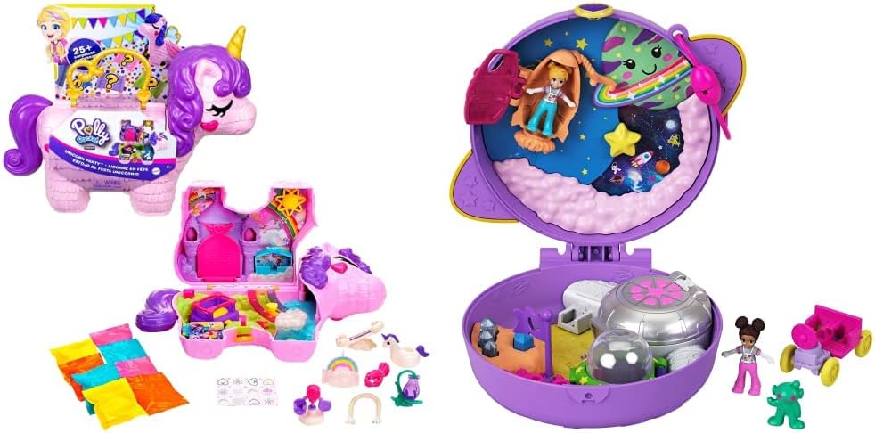 Polly Pocket Unicorn Party Playset , Water Floatie Ages 4+ - GVL88 & Saturn Space Explorer Compact with Fun Reveals, Micro Polly and Lila Dolls, Lunar Vehicle; For Ages 4+