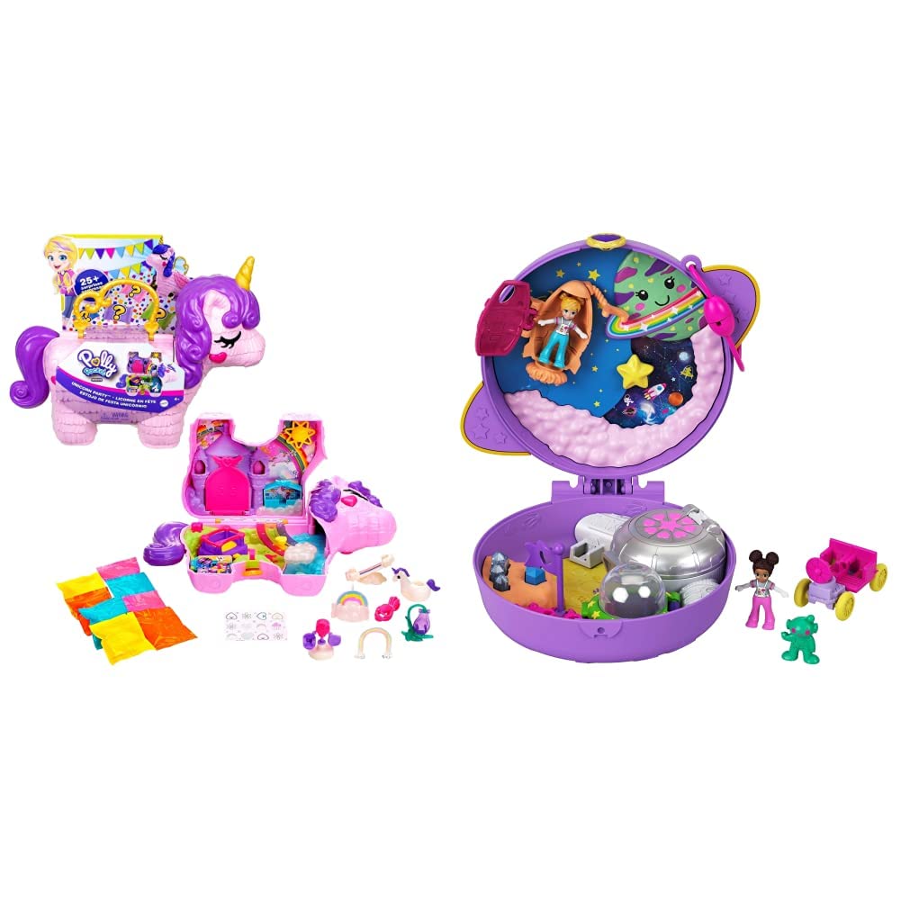 Polly Pocket Unicorn Party Playset , Water Floatie Ages 4+ - GVL88 & ​ Saturn Space Explorer Compact with Fun Reveals, Micro Polly and Lila Dolls, Lunar Vehicle; For Ages 4+
