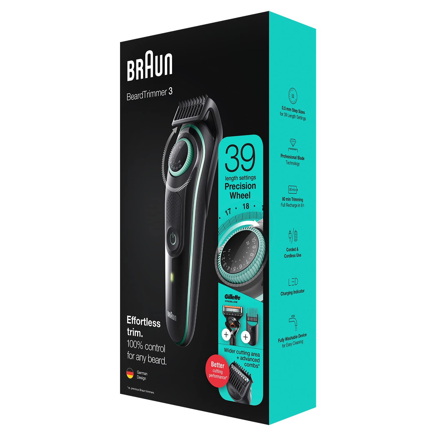 Braun Beard Trimmer 3 BT3341, recortadora de barba para hombres, cortapelos facial, cabello, cuchillas fiables, 39 ajustes de longitud, negro/verde