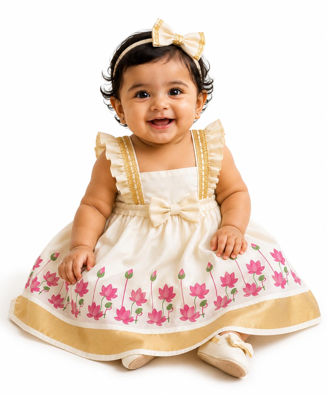 Baby Girls Traditional Kerala Ethnic Frock Sleeveless Girls Cream Cotton Dress with Pink Lotus Floral Print & Gold Border | Festive Party Dress with Bow 1-2 Year-image-20