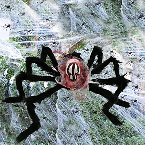 Halloween Giant Spider with Spider Web 30in Large Fake Hairy Skull Spider,130 spft Super Stretch Spider Web,10 Small Plastic Spooky Spidersï¼ŒScary Spider Props for Halloween Indoor, Outdoor and Yard Creepy Decor