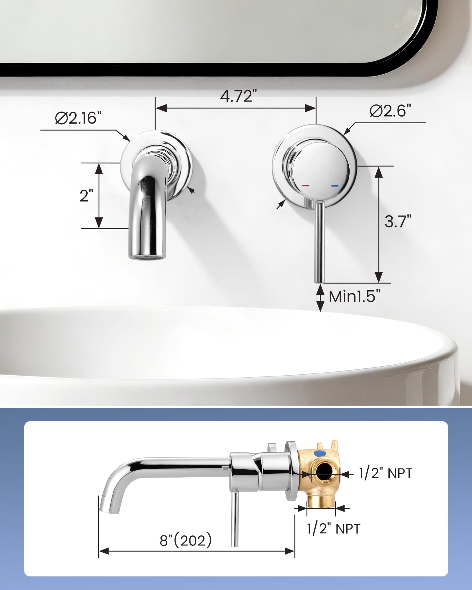 Mitigeur Lavabo Mural Rotatif à 360° Robinet Salle de Bain pour Baignoire et Lavabo Robinetterie Vasque Encastré Mural Design Moderne, Chromé