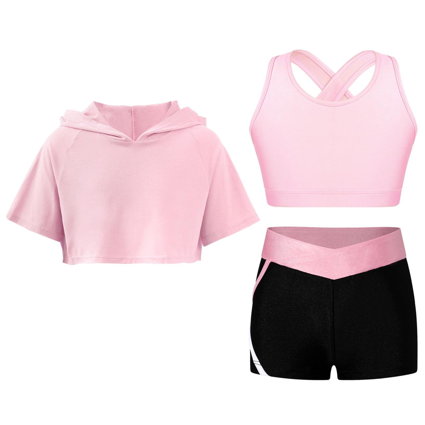 Oyolan Dziecięca dziewczyna zestaw sportowy krótki top bluza z kapturem podkoszulek fitness siłownia joga trening dres lato 5-16 lat
