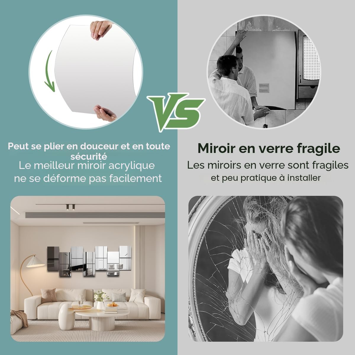 Autocollants en miroir acrylique HD pour murs, carreaux bricolage, miroir autocollant sans verre incassable (Lot de 10/16)