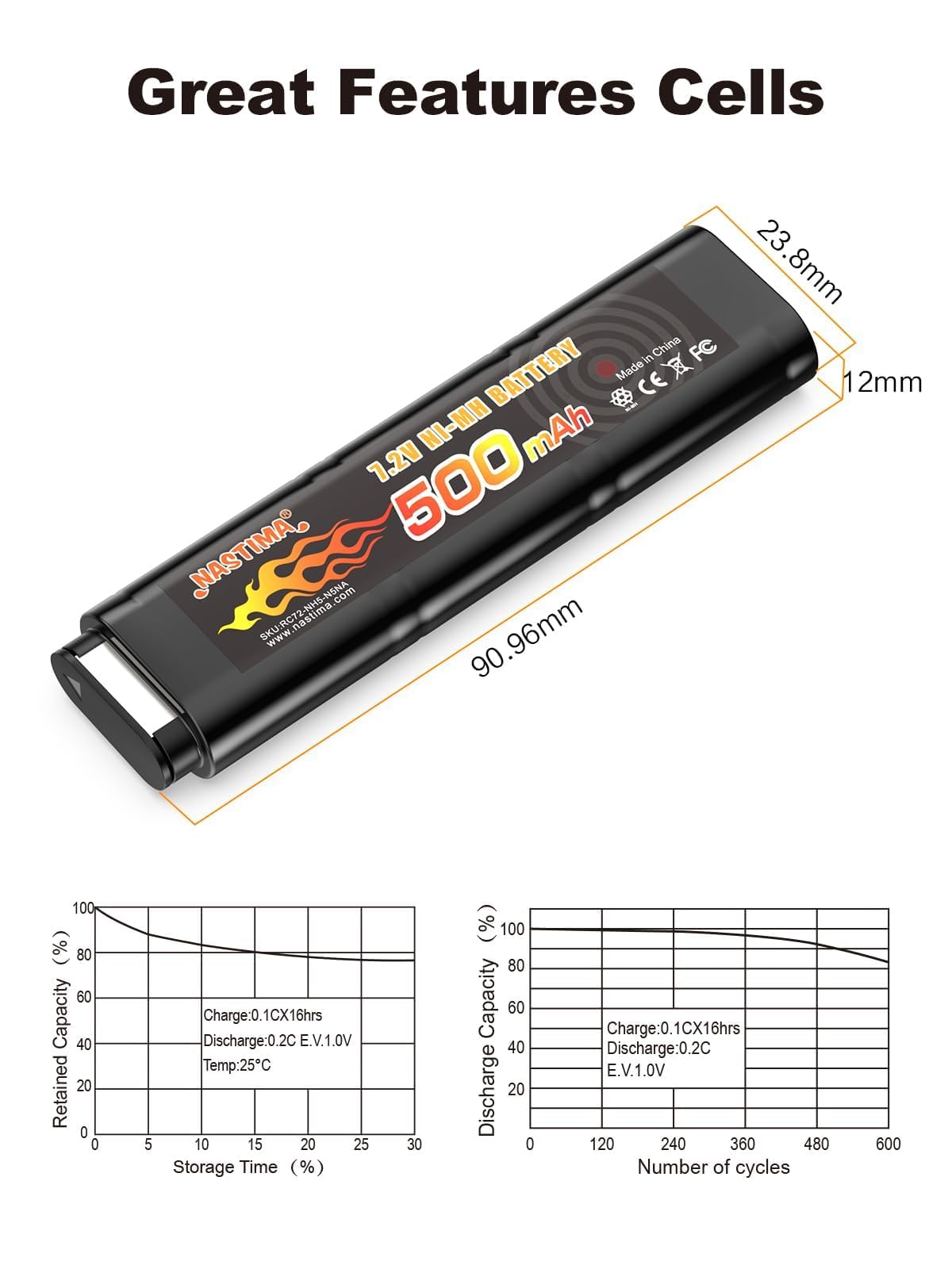 NASTIMA 2/3N 7,2V 500mAh Batteria Ni-MH per CM030 CM121, CM122, CM123, Marui 18C, P8, M93R AEP AEG M81, M84 e TM AEP Pistole Softair