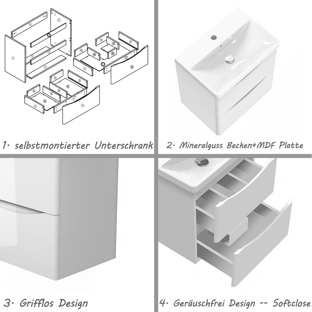 Hochglanz Weiß Badezimmerschrank 50cm Mineralgusswaschbecken mit Unterschrank Badmöbel-Set 2 Soft-Close Schubladen Hängend