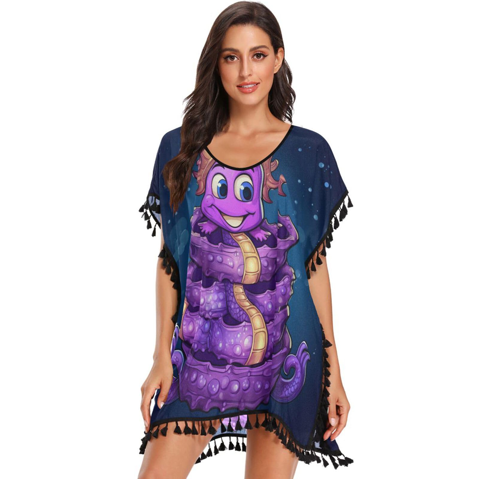 KAAVIYO Doodle Style Cute Seahorse Women's Beach Cover Up Chiffon Tassel Swimwear Swimsuit Coverups for Girl