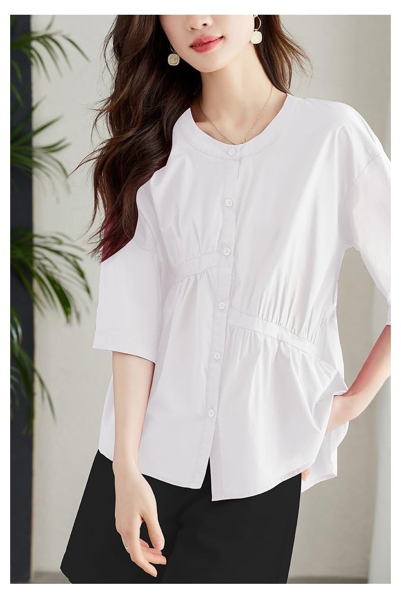 Camisas De Algodón De Manga Larga para Mujer, Blusa Tipo Túnica Blanca Transparente con Solapa, Botones, Fruncido, Dobladillo Irregular, Informal, Holgada, para Uso Diario Y Verano.