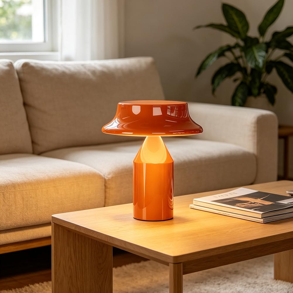 Lampada a LED a Forma di Fungo Arancione Ricaricabile Dimmerabile da Tavolo Senza fili con Comando Touch Ricaricabile Tramite USB Lampada a Batteria da 2000mAh in Metallo 3 Temperature di Colore